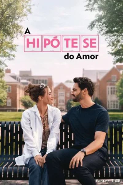 Pôster de A Hipótese do Amor mostrando Olive e Adam em um romance acadêmico de mentira.