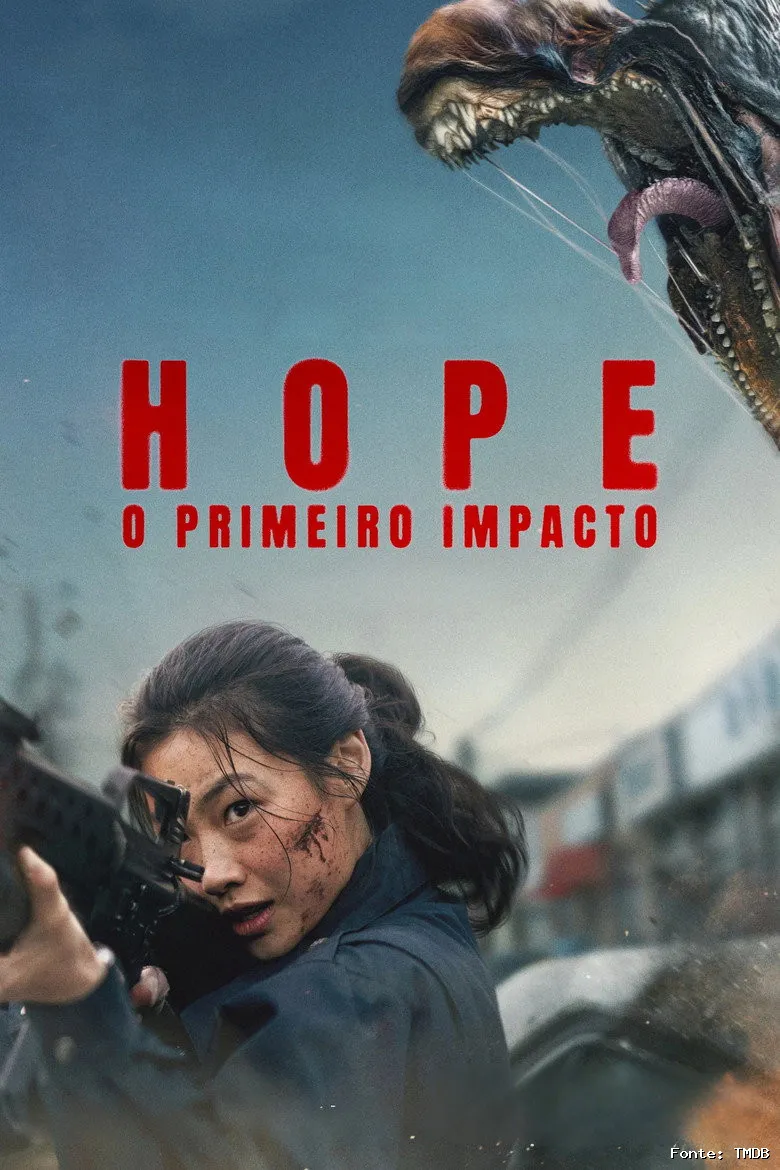 Pôster de Hope: O Primeiro Impacto mostra caçadores encurralados por uma criatura cósmica na floresta.