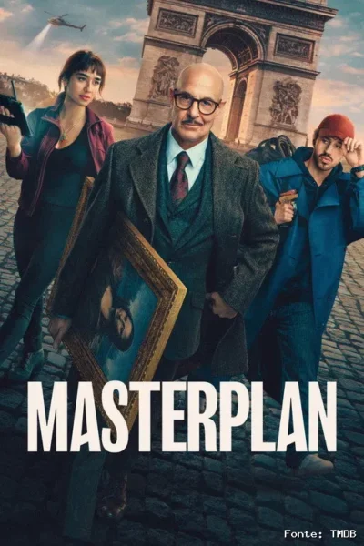 Pôster de Masterplan com um ladrão e seus dois filhos especialistas preparando um grande roubo.