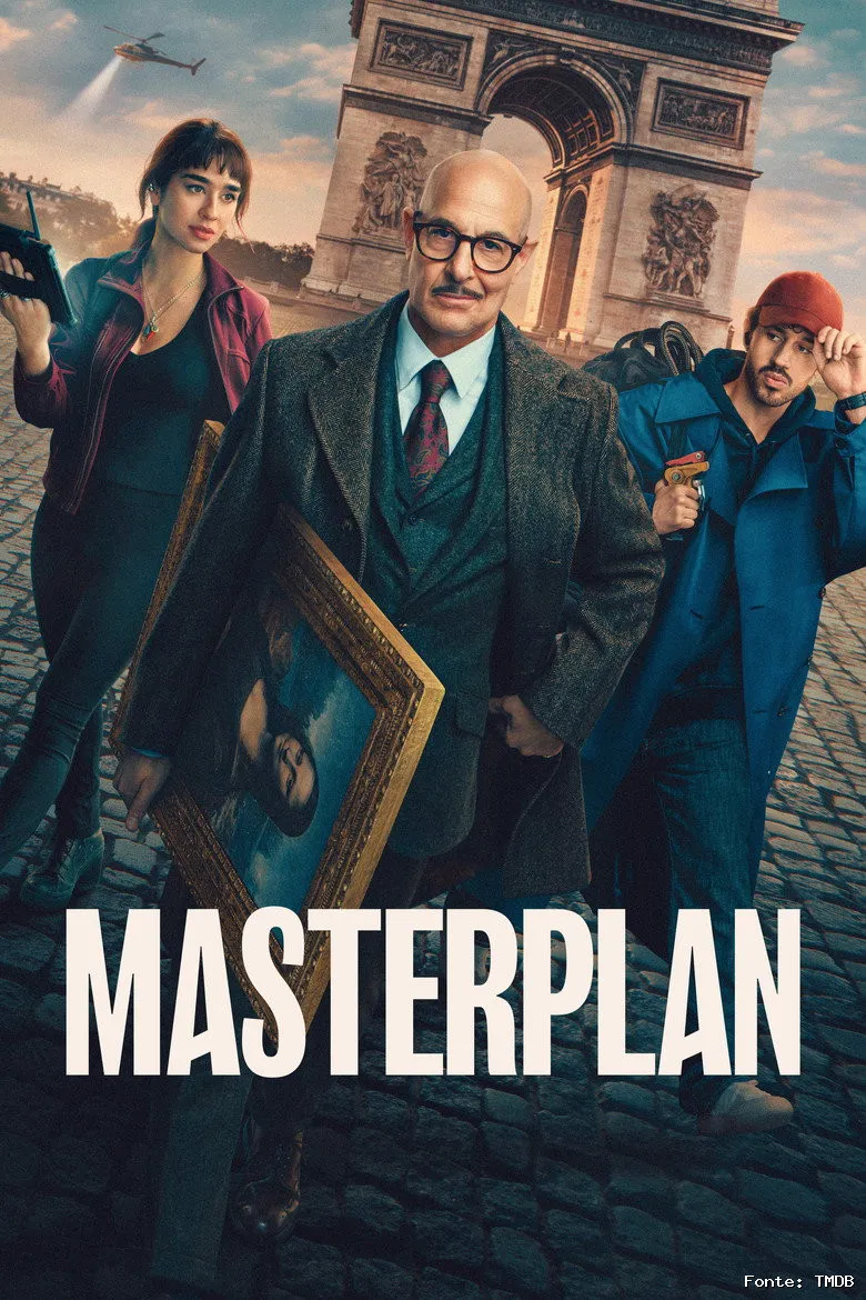 Pôster de Masterplan com um ladrão e seus dois filhos especialistas preparando um grande roubo.